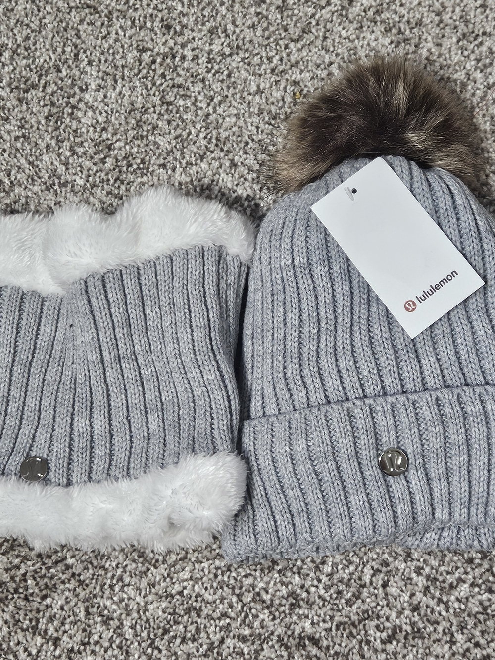 Lululemon Fast & Free Run Hat Ribbed Beanie & Faux Fur Neck Warmer Set NWT